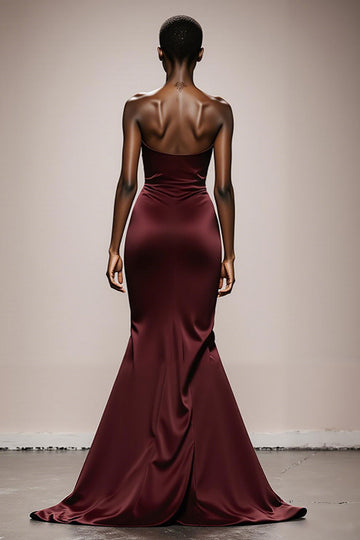 Burgundy Mermaid Strapless Satin Long Evening Dress